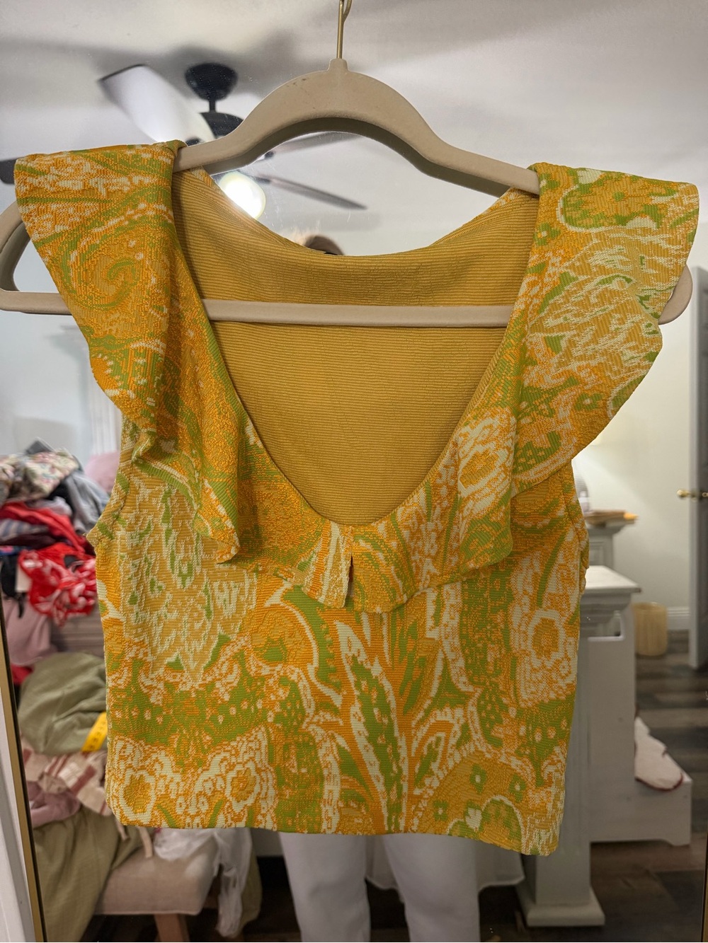 Zara Yellow and Green Paisley Ruffle Top